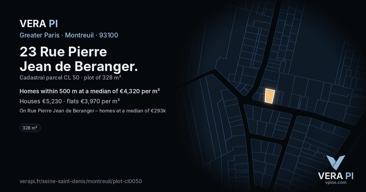 23 Rue Pierre Jean de Beranger, Montreuil at night – the plot lit, the parcels around coloured by the prices near them