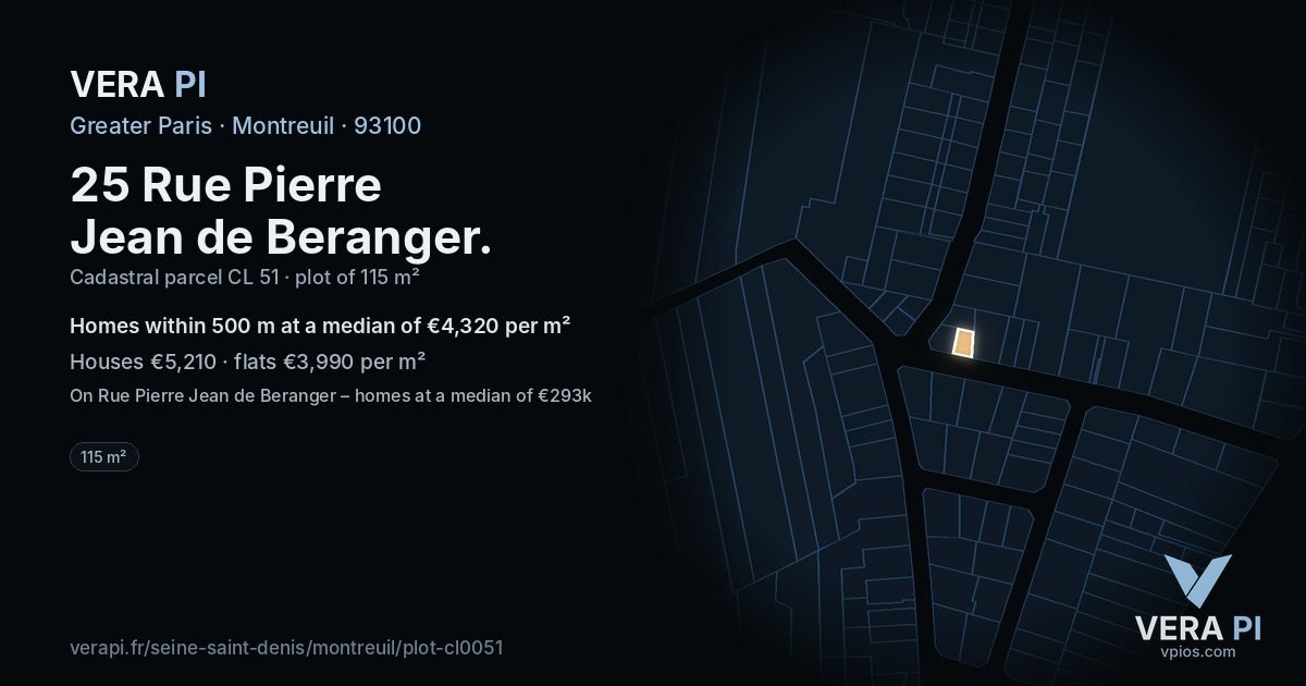 25 Rue Pierre Jean de Beranger, Montreuil at night – the plot lit, the parcels around coloured by the prices near them