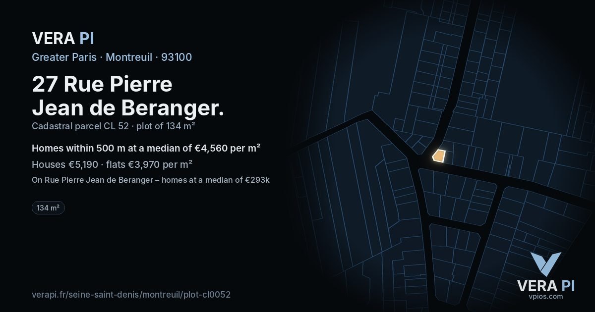 27 Rue Pierre Jean de Beranger, Montreuil at night – the plot lit, the parcels around coloured by the prices near them
