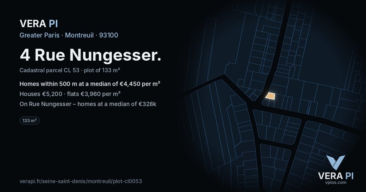 4 Rue Nungesser, Montreuil at night – the plot lit, the parcels around coloured by the prices near them