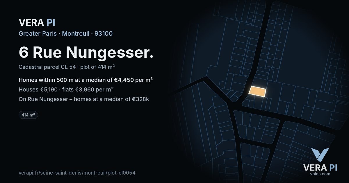 6 Rue Nungesser, Montreuil at night – the plot lit, the parcels around coloured by the prices near them