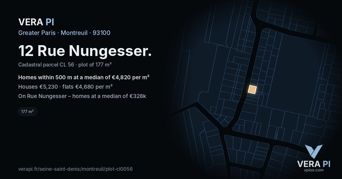 12 Rue Nungesser, Montreuil at night – the plot lit, the parcels around coloured by the prices near them