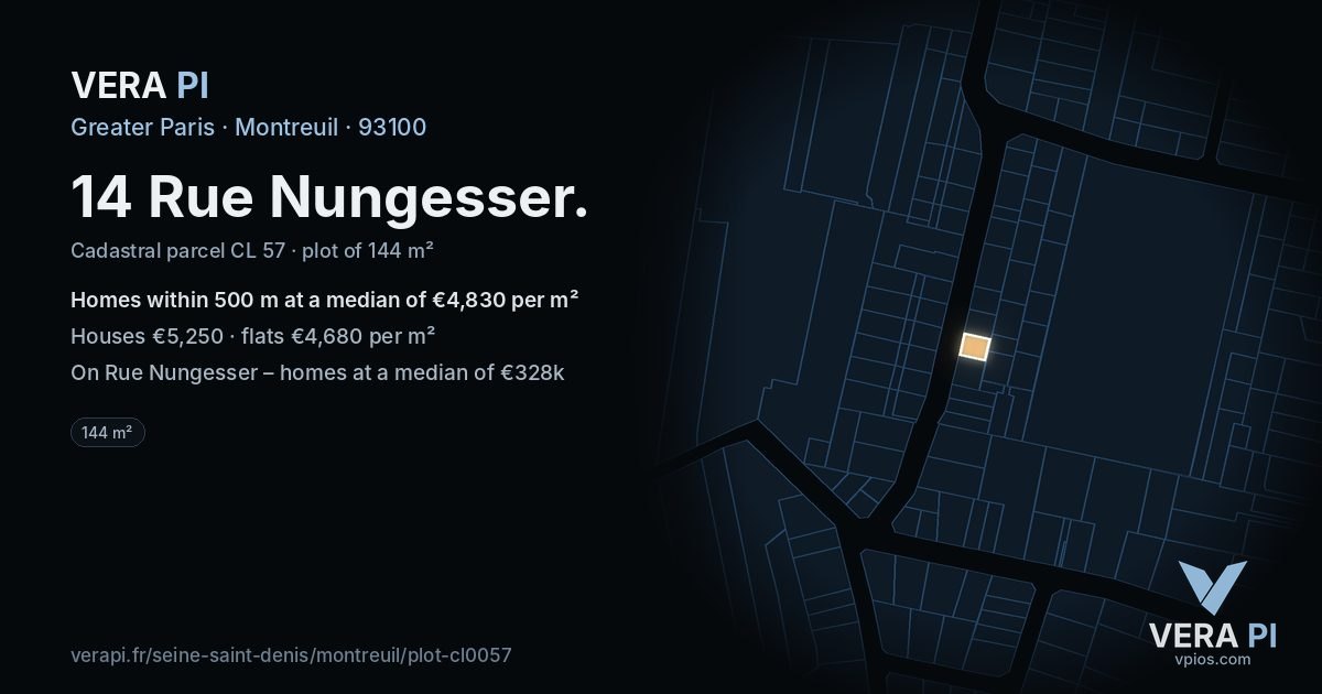 14 Rue Nungesser, Montreuil at night – the plot lit, the parcels around coloured by the prices near them