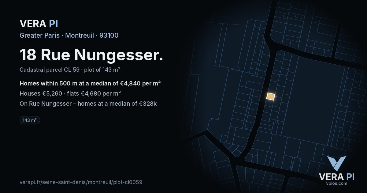 18 Rue Nungesser, Montreuil at night – the plot lit, the parcels around coloured by the prices near them