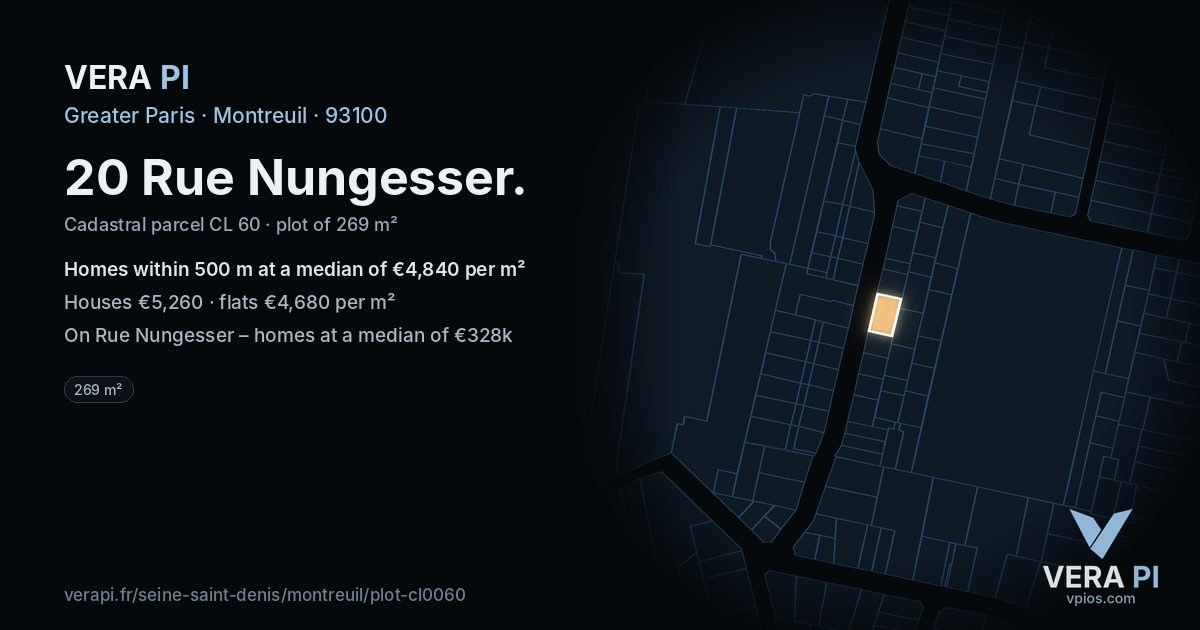 20 Rue Nungesser, Montreuil at night – the plot lit, the parcels around coloured by the prices near them