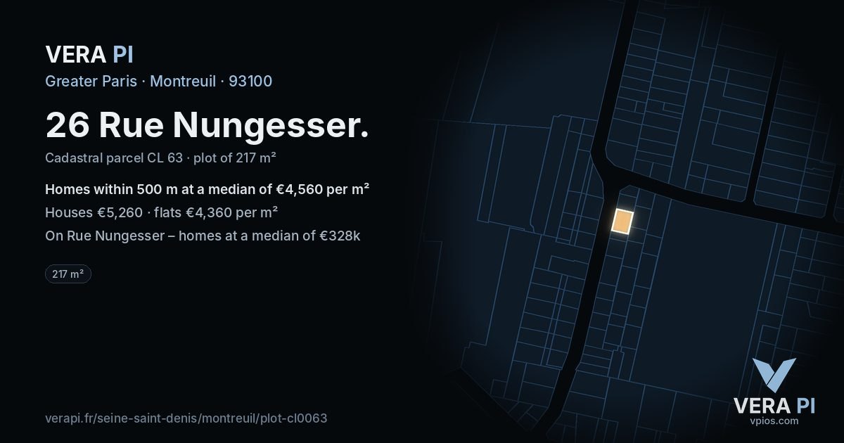 26 Rue Nungesser, Montreuil at night – the plot lit, the parcels around coloured by the prices near them
