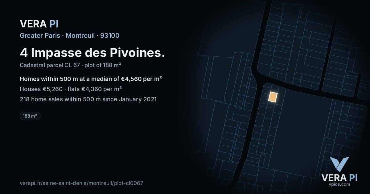 4 Impasse des Pivoines, Montreuil at night – the plot lit, the parcels around coloured by the prices near them