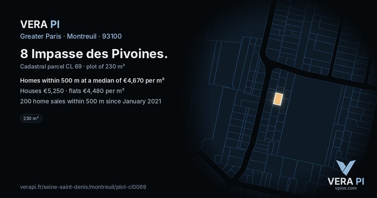 8 Impasse des Pivoines, Montreuil at night – the plot lit, the parcels around coloured by the prices near them