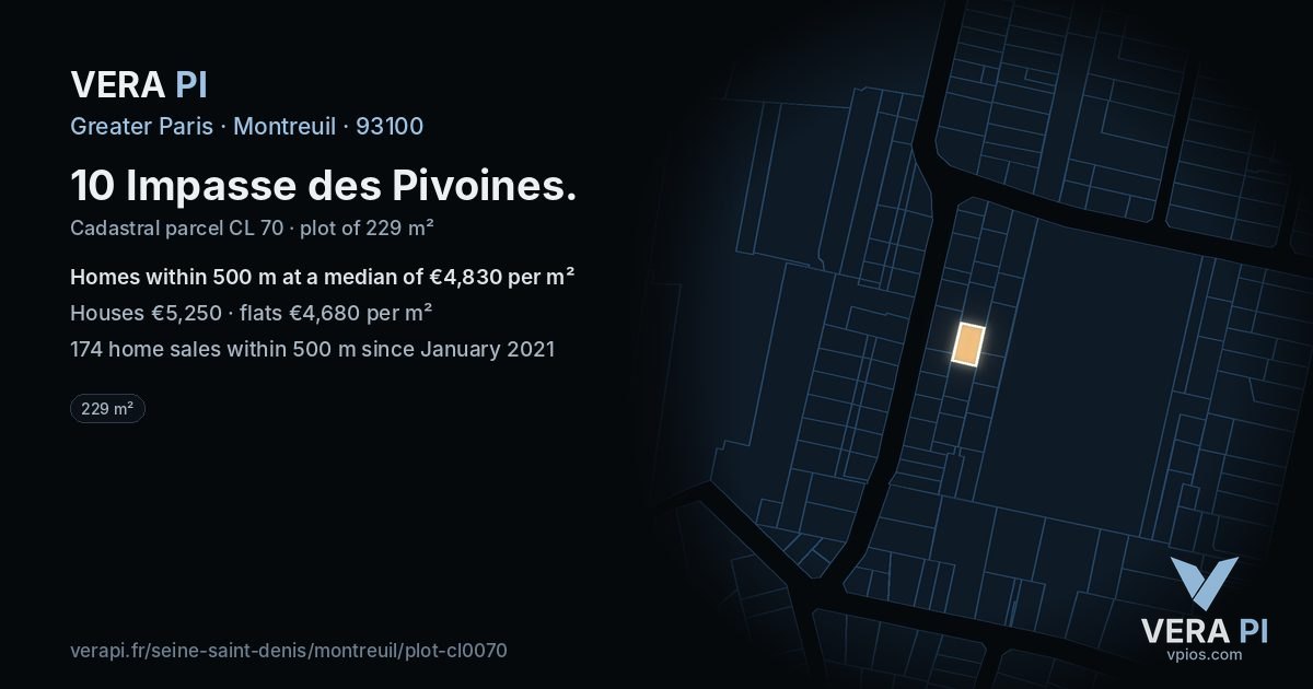 10 Impasse des Pivoines, Montreuil at night – the plot lit, the parcels around coloured by the prices near them