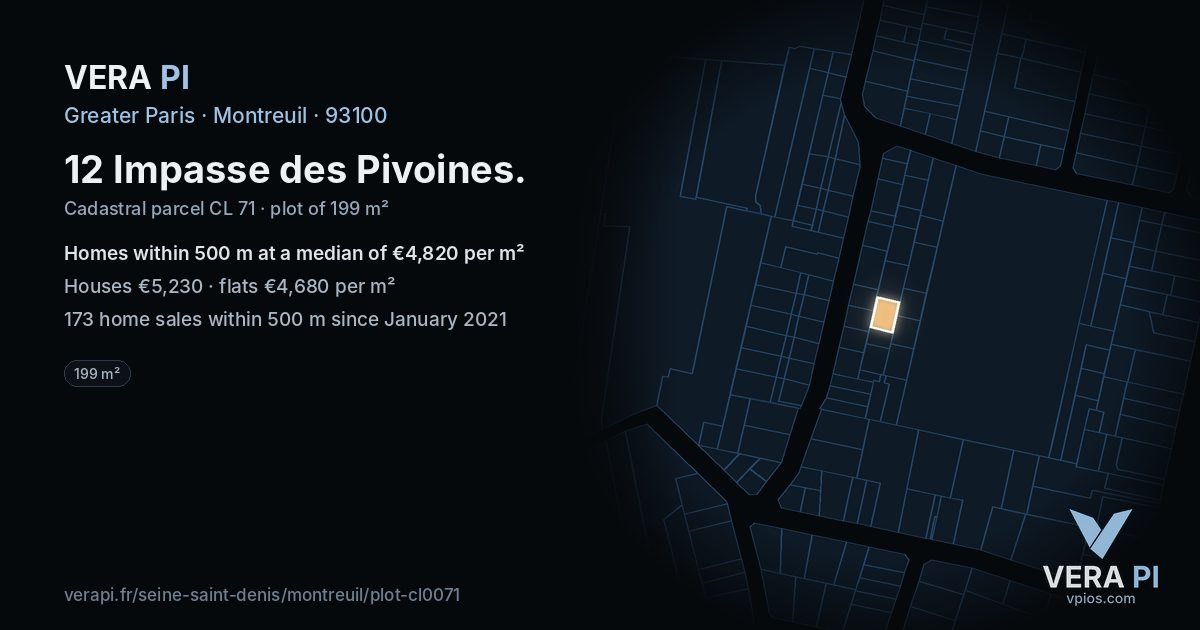 12 Impasse des Pivoines, Montreuil at night – the plot lit, the parcels around coloured by the prices near them