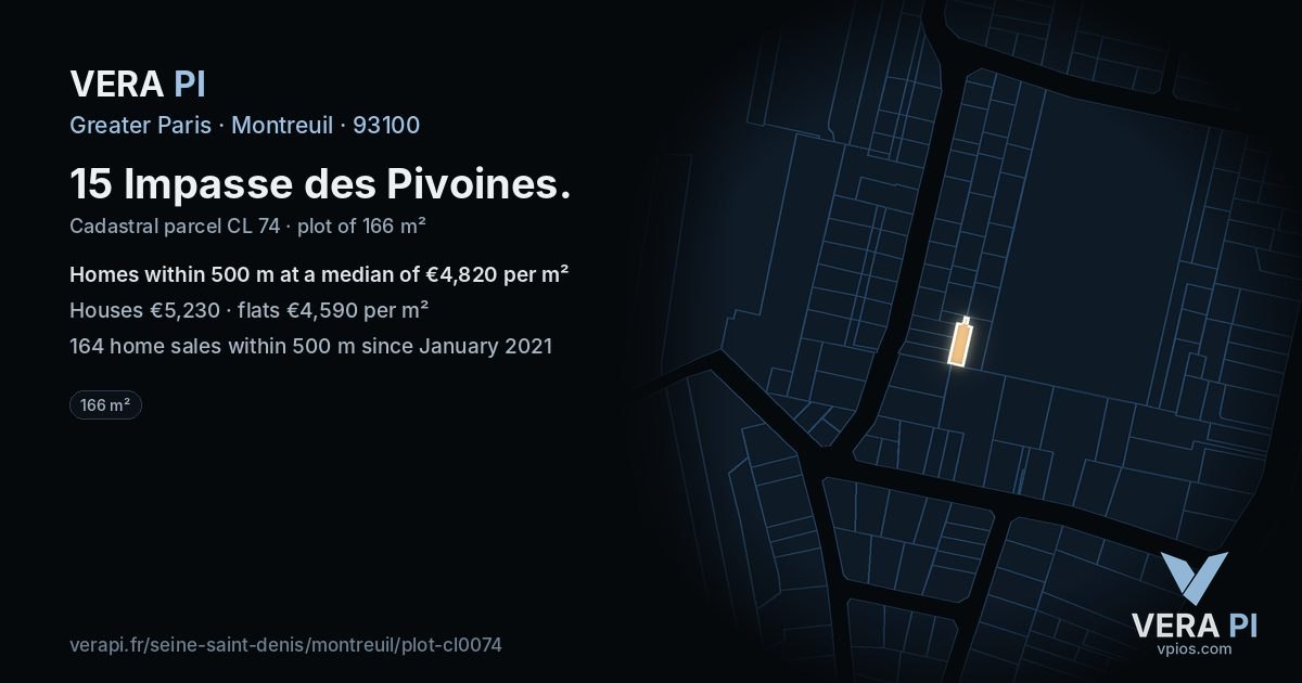 15 Impasse des Pivoines, Montreuil at night – the plot lit, the parcels around coloured by the prices near them