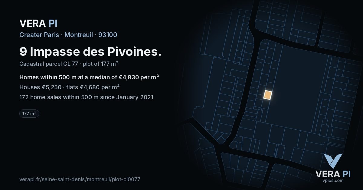 9 Impasse des Pivoines, Montreuil at night – the plot lit, the parcels around coloured by the prices near them