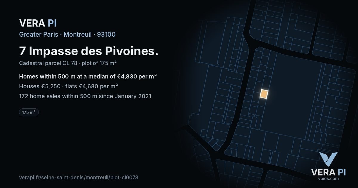 7 Impasse des Pivoines, Montreuil at night – the plot lit, the parcels around coloured by the prices near them