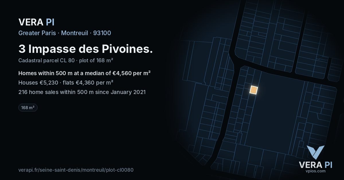 3 Impasse des Pivoines, Montreuil at night – the plot lit, the parcels around coloured by the prices near them