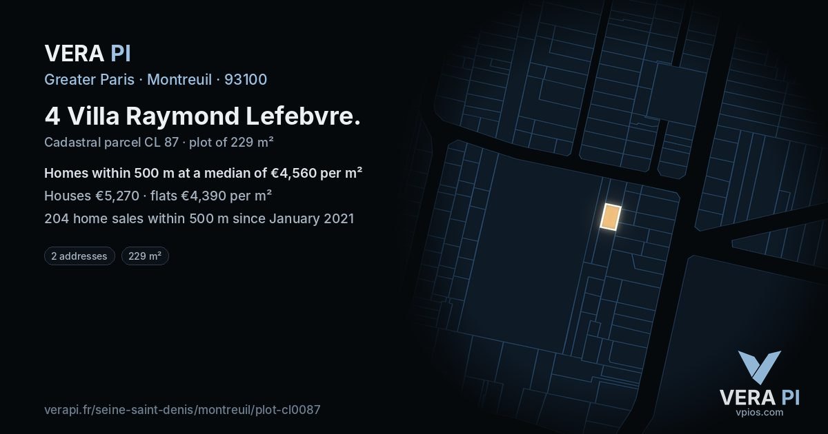 4 Villa Raymond Lefebvre, Montreuil at night – the plot lit, the parcels around coloured by the prices near them