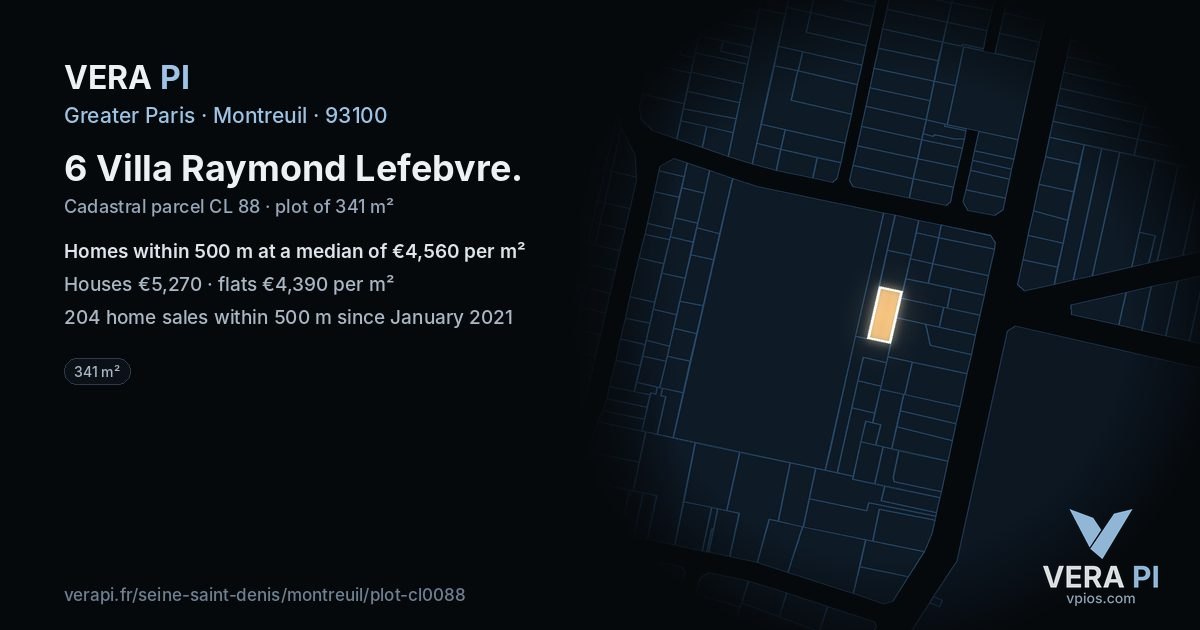 6 Villa Raymond Lefebvre, Montreuil at night – the plot lit, the parcels around coloured by the prices near them