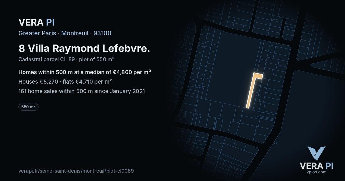 8 Villa Raymond Lefebvre, Montreuil at night – the plot lit, the parcels around coloured by the prices near them