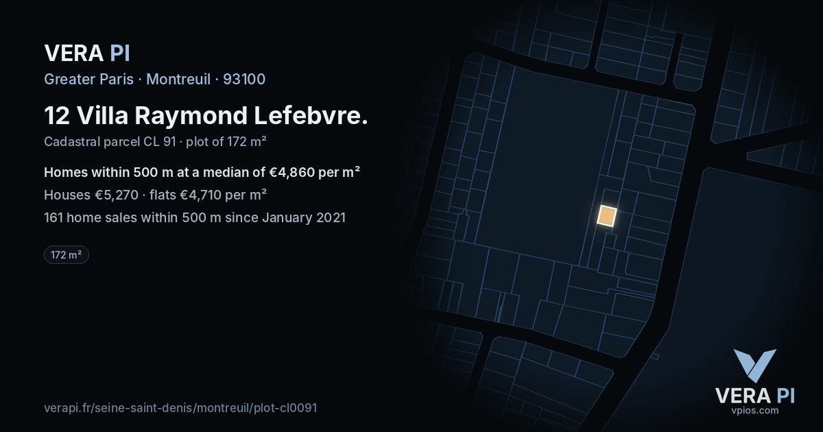 12 Villa Raymond Lefebvre, Montreuil at night – the plot lit, the parcels around coloured by the prices near them