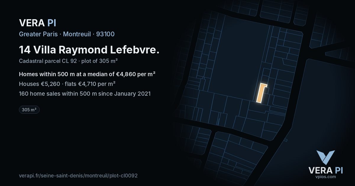14 Villa Raymond Lefebvre, Montreuil at night – the plot lit, the parcels around coloured by the prices near them