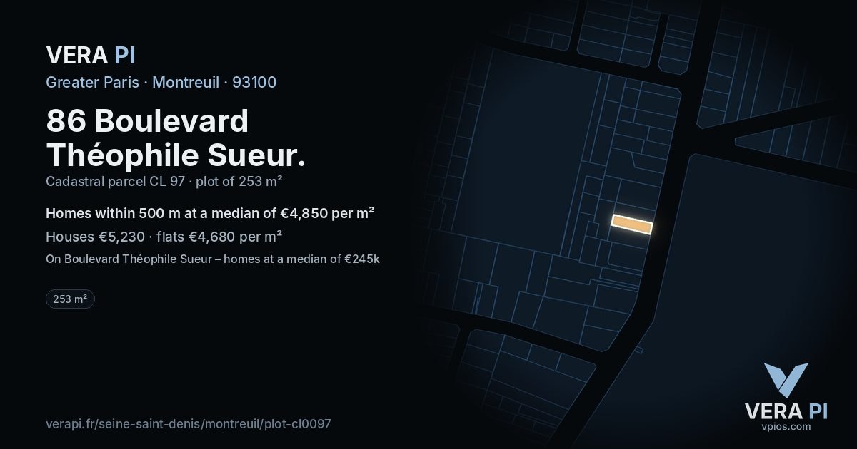 86 Boulevard Théophile Sueur, Montreuil at night – the plot lit, the parcels around coloured by the prices near them