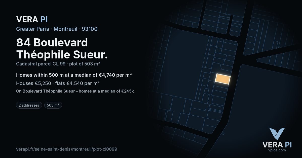 84 Boulevard Théophile Sueur, Montreuil at night – the plot lit, the parcels around coloured by the prices near them