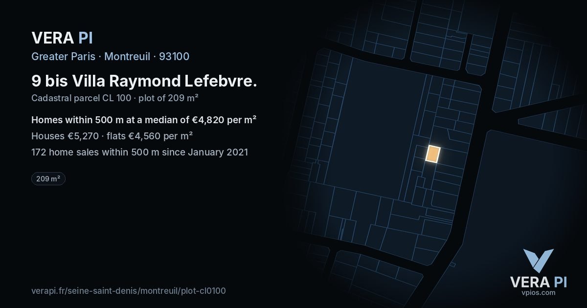 9 bis Villa Raymond Lefebvre, Montreuil at night – the plot lit, the parcels around coloured by the prices near them