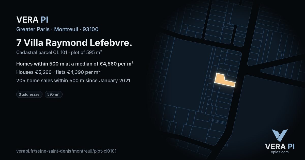 7 Villa Raymond Lefebvre, Montreuil at night – the plot lit, the parcels around coloured by the prices near them