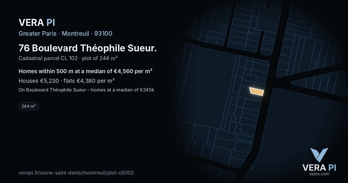 76 Boulevard Théophile Sueur, Montreuil at night – the plot lit, the parcels around coloured by the prices near them