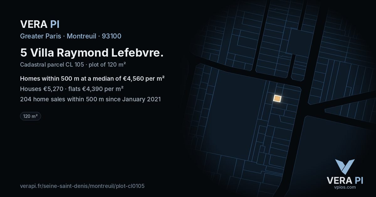 5 Villa Raymond Lefebvre, Montreuil at night – the plot lit, the parcels around coloured by the prices near them