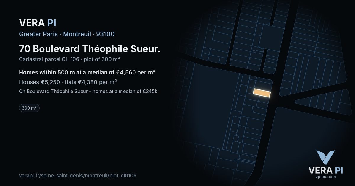 70 Boulevard Théophile Sueur, Montreuil at night – the plot lit, the parcels around coloured by the prices near them