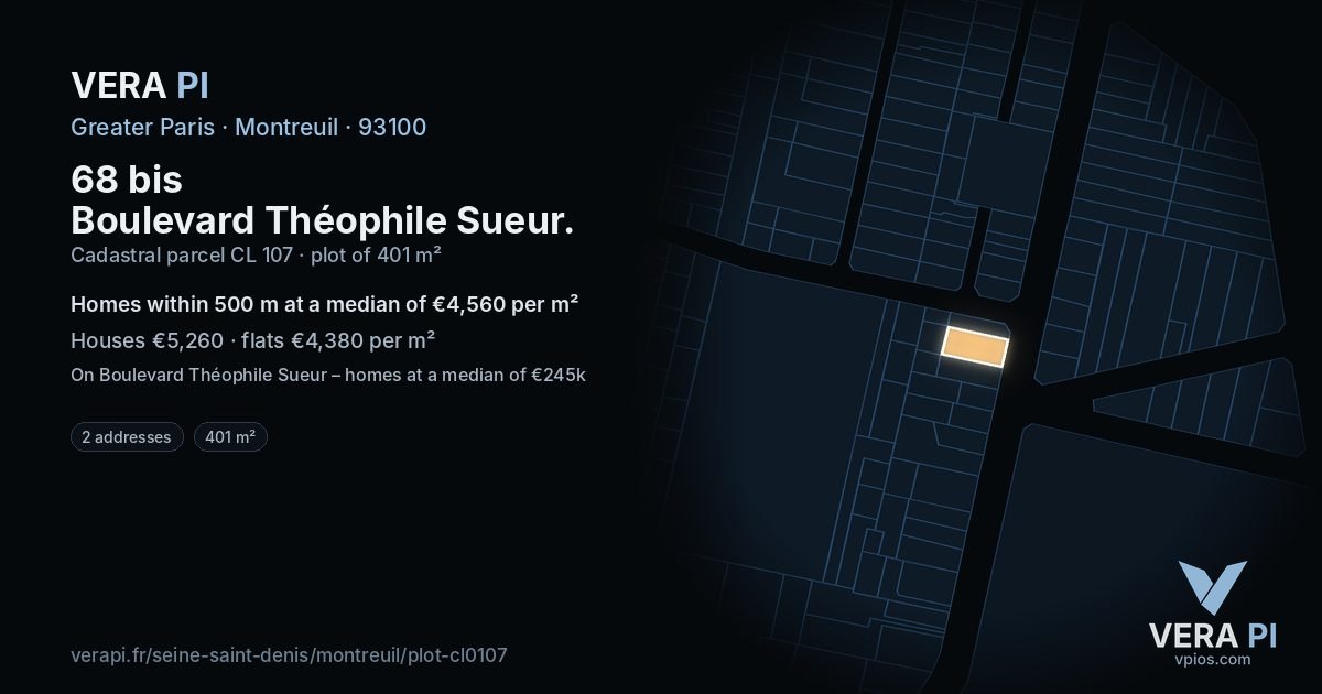 68 bis Boulevard Théophile Sueur, Montreuil at night – the plot lit, the parcels around coloured by the prices near them