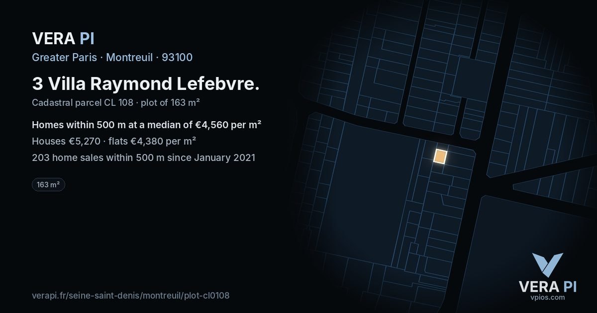 3 Villa Raymond Lefebvre, Montreuil at night – the plot lit, the parcels around coloured by the prices near them