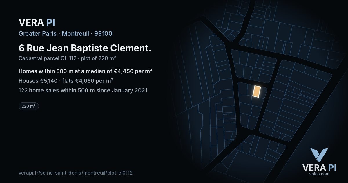 6 Rue Jean Baptiste Clement, Montreuil at night – the plot lit, the parcels around coloured by the prices near them