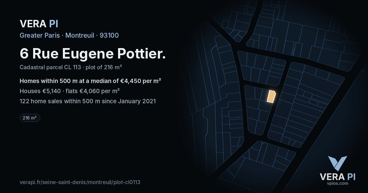 6 Rue Eugene Pottier, Montreuil at night – the plot lit, the parcels around coloured by the prices near them