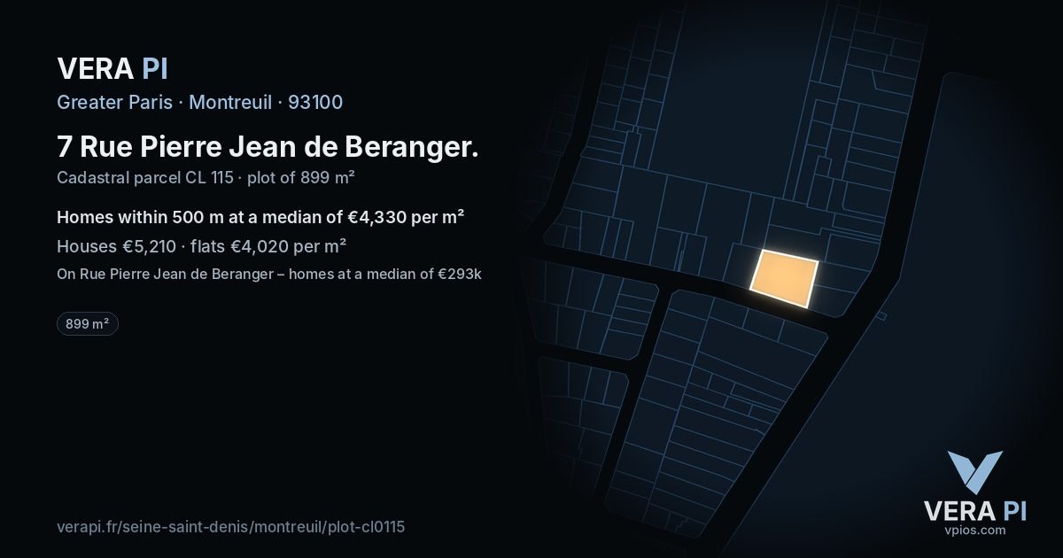 7 Rue Pierre Jean de Beranger, Montreuil at night – the plot lit, the parcels around coloured by the prices near them