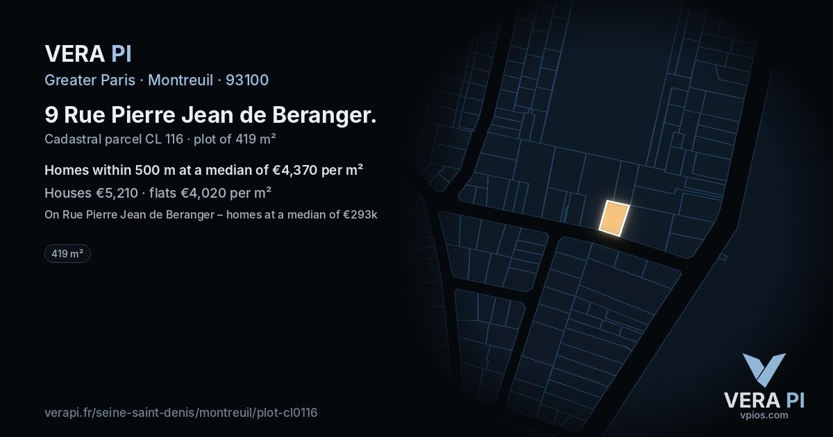 9 Rue Pierre Jean de Beranger, Montreuil at night – the plot lit, the parcels around coloured by the prices near them