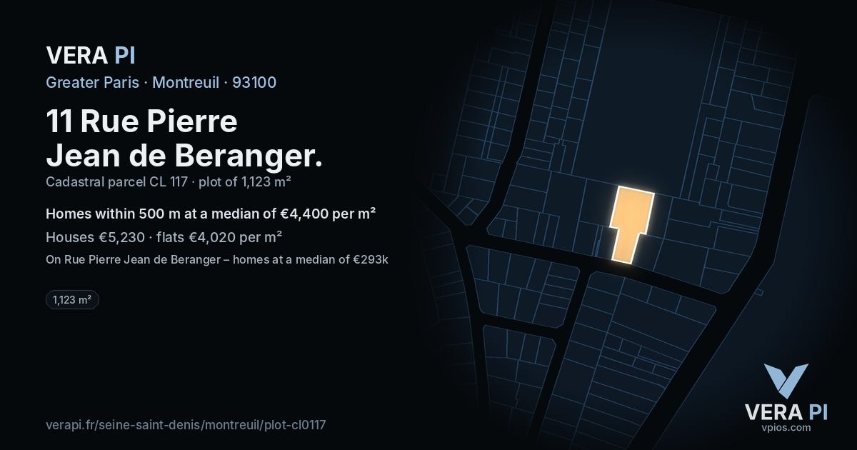 11 Rue Pierre Jean de Beranger, Montreuil at night – the plot lit, the parcels around coloured by the prices near them