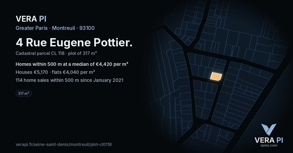 4 Rue Eugene Pottier, Montreuil at night – the plot lit, the parcels around coloured by the prices near them