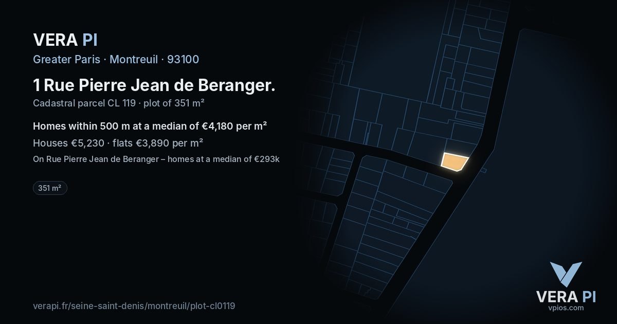 1 Rue Pierre Jean de Beranger, Montreuil at night – the plot lit, the parcels around coloured by the prices near them