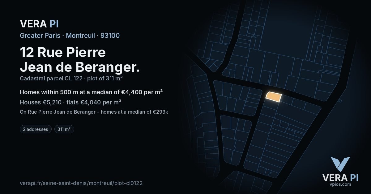 12 Rue Pierre Jean de Beranger, Montreuil at night – the plot lit, the parcels around coloured by the prices near them