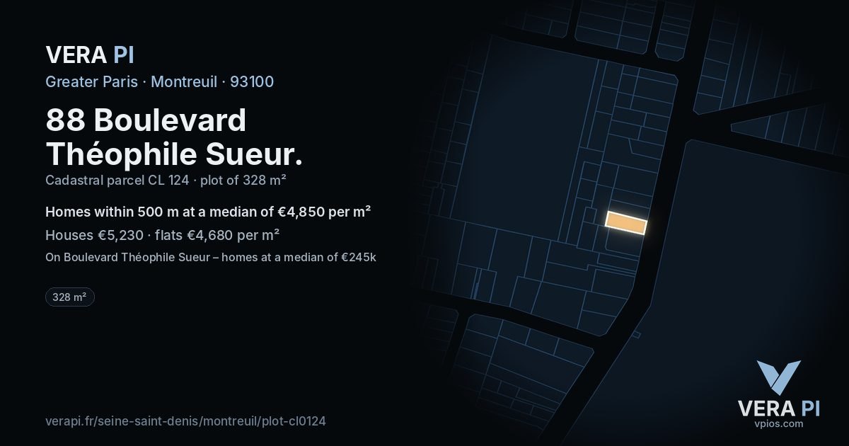 88 Boulevard Théophile Sueur, Montreuil at night – the plot lit, the parcels around coloured by the prices near them