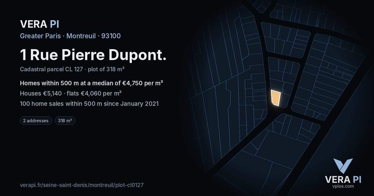 1 Rue Pierre Dupont, Montreuil at night – the plot lit, the parcels around coloured by the prices near them