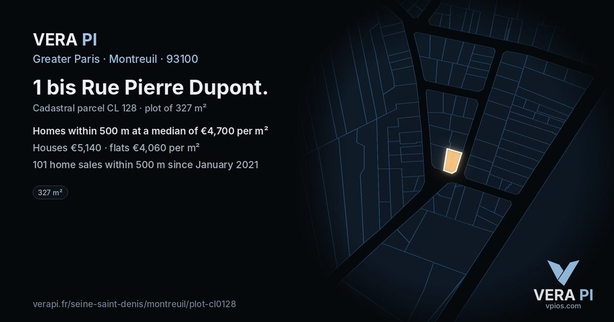 1 bis Rue Pierre Dupont, Montreuil at night – the plot lit, the parcels around coloured by the prices near them