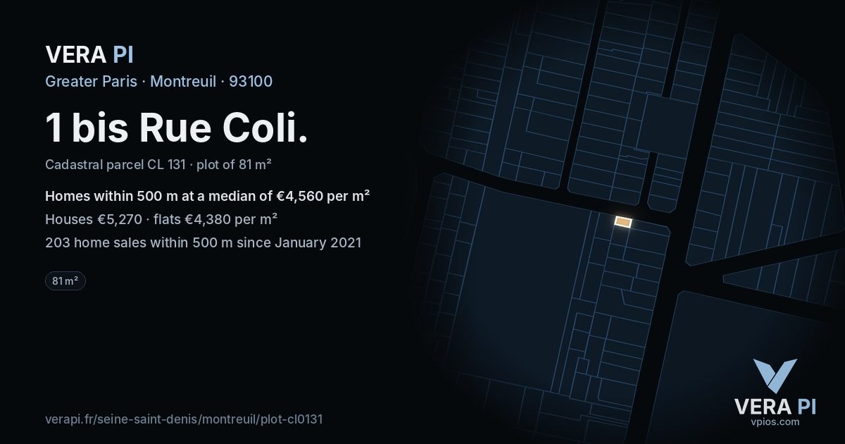 1 bis Rue Coli, Montreuil at night – the plot lit, the parcels around coloured by the prices near them