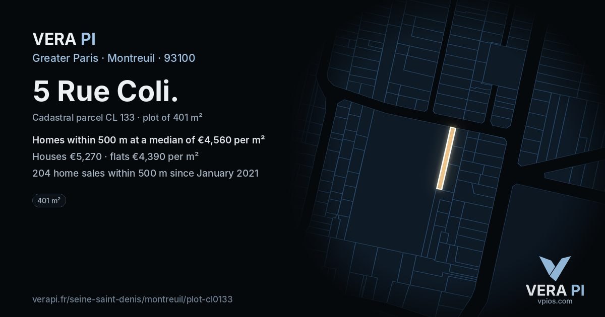 5 Rue Coli, Montreuil at night – the plot lit, the parcels around coloured by the prices near them
