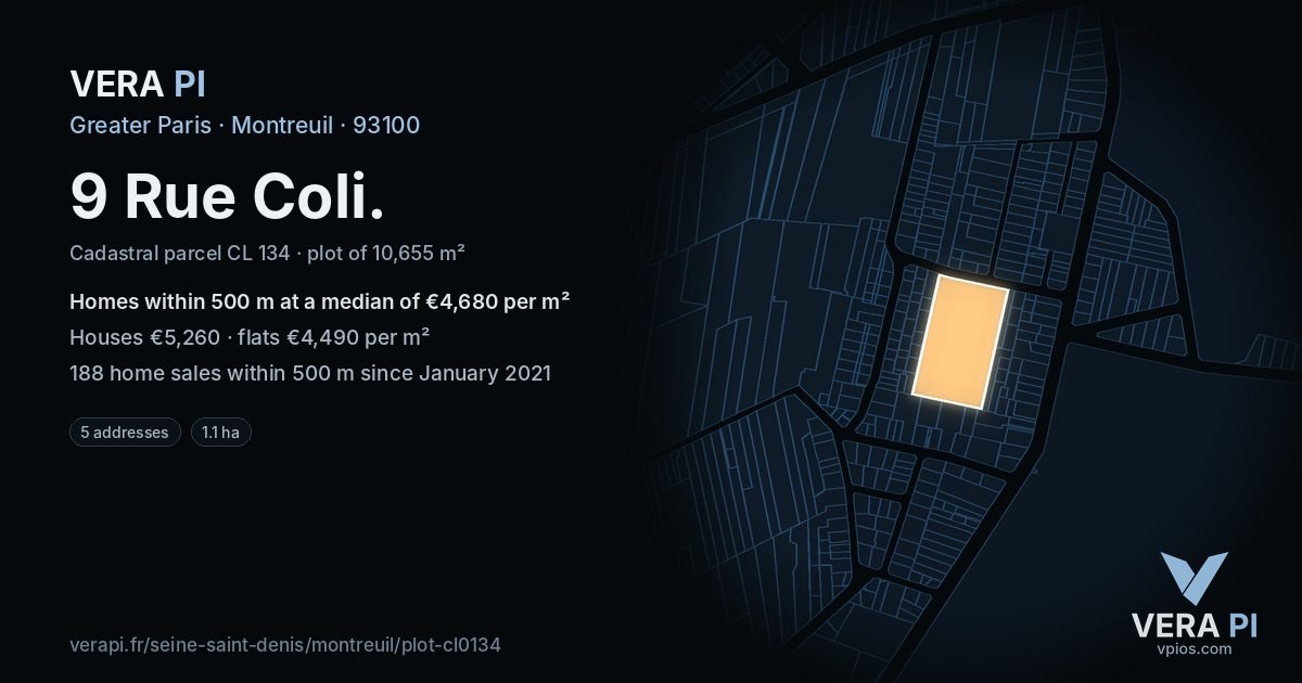 9 Rue Coli, Montreuil at night – the plot lit, the parcels around coloured by the prices near them