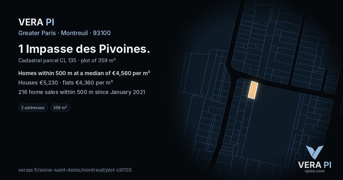 1 Impasse des Pivoines, Montreuil at night – the plot lit, the parcels around coloured by the prices near them