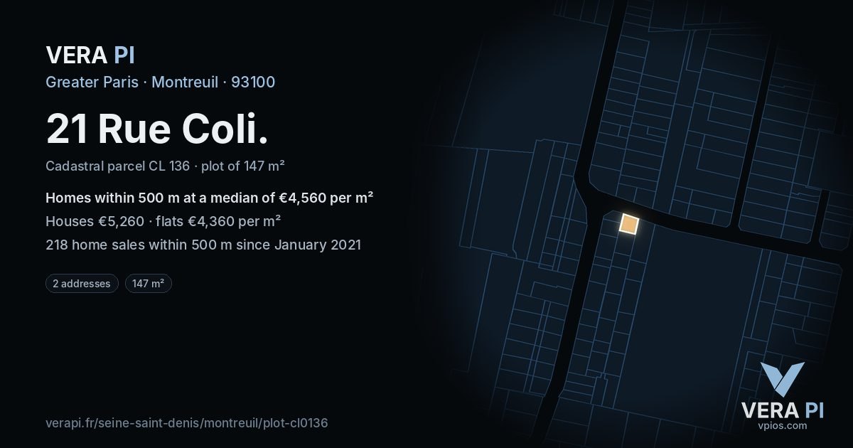 21 Rue Coli, Montreuil at night – the plot lit, the parcels around coloured by the prices near them