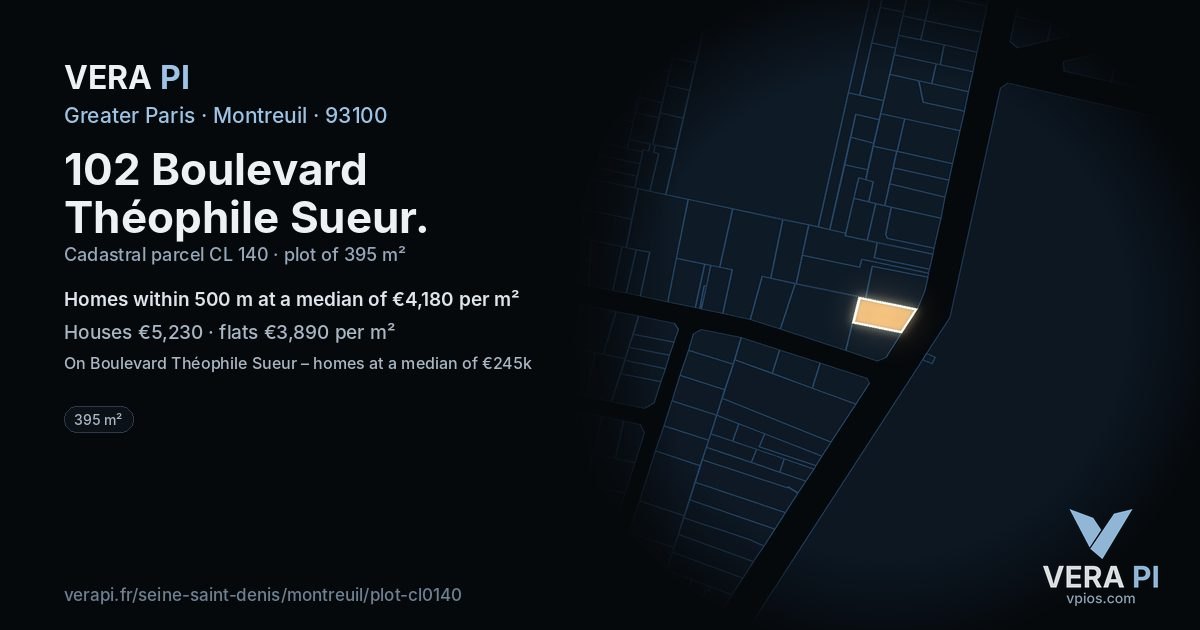 102 Boulevard Théophile Sueur, Montreuil at night – the plot lit, the parcels around coloured by the prices near them