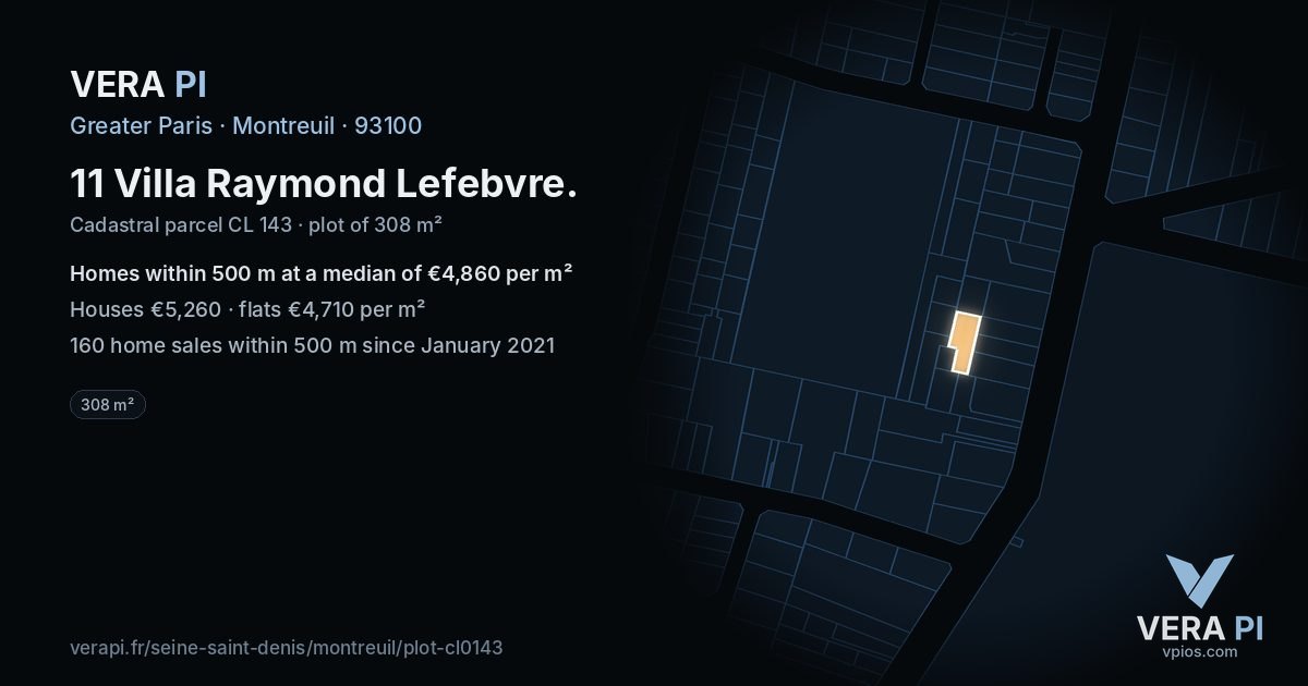 11 Villa Raymond Lefebvre, Montreuil at night – the plot lit, the parcels around coloured by the prices near them